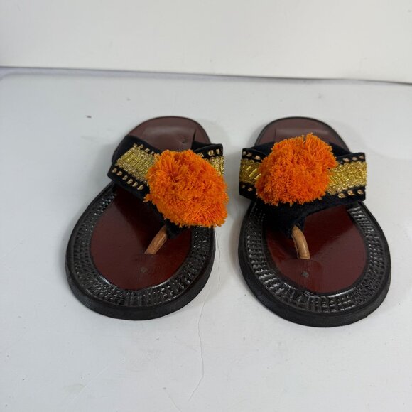Traditional Ethnic Ahenema Sandals Size 8 Leather Slippers Orange Pom Ghanaian - Picture 12 of 16